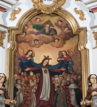 Zdjęcie nr 2: Ołtarz drewniany, prostopadłościenny. Mensa drewniana, sarkofagowa, antepedium zdobione płaskorzeźbionym kartuszem z umieszczonym w polu godłem herbu Uniwersytetu Krakowskiego na czerwonym tle.

 Nastawa architektoniczna, trójosiowa, jednokondygnacyjna ze zwieńczeniem, osadzona na dwustrefowym cokole, o osiach bocznych ustawionych ukośnie. Kondygnacja ujęta parą pilastrów oraz dwiema parami kolumn podtrzymujących przerwane belkowanie,  na którym znajduje się para puttów. W polu środkowym obraz z przedstawieniem Matki Boskiej od Odkupienia Niewolników ujęty prostokątną, profilowaną ramą zamkniętą łukiem nadwieszonym. Na cokole, po bokach obrazu ustawione dwie rzeźby: po lewej św. Kryspina, po prawej św. Kryspiniana; w osiach bocznych, w płytkich wnękach: po lewej rzeźba św. Szczepana, po prawej św. Wawrzyńca. Nad obrazem Matki Boskiej płaskorzeźbiony kartusz rocaille’owy z wpisanym w polu napisem „O / MARYO / odkupicielko / więźniów / módl się / za nami!”.

 Zwieńczenie w formie rozbudowanej aediculi, o osiach bocznych ustawionych ukośnie, z przodu flankowane dwiema wolutami z siedzącą na nich parą aniołków, zamknięte przerywanym, profilowanym gzymsem z ulokowaną na nim parą wazonów płomienistych. W polu zwieńczenia płycina wypełniona obłokami, o fantazyjnym kartuszowym wykroju z przedstawieniem Oka Opatrzności wpisanym w trójkąt na tle trzech wiązek promieni. Szczyt jest w formie promienistej glorii z parą uskrzydlonych główek anielskich.

 Kolumny złocone, ustawione na profilowanych bazach, o gładkim trzonie, kapitele w porządku kompozytowym.

 Partie cokołu zdobione prostokątnymi płycinami o wyciętych narożach.

 Struktura malowana w kolorze jasnobeżowym, ornamentyka i detale złocone i srebrzone, profilowania w kolorze czerwonym i złoconym.