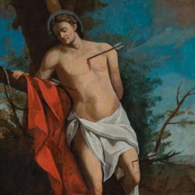 Zdjęcie nr 1: Obraz w formie stojącego prostokąta z przedstawieniem męczeństwa św. Sebastiana. Święty ukazany jest w centrum kompozycji, w całej postaci oparty o pień drzewa, zwrócony delikatnie w lewo, z opuszczoną głową skierowaną w prawo. Lewą rękę trzyma z tyłu, prawą opiera o gałąź, lewą nogę ma ugiętą. Twarz o młodzieńczych rysach, kwadratowa, z oczami skierowanymi w dół, garbatym nosem i małymi ustami. Włosy ma jasne, falowane, opadające z tyłu głowy. Wokół głowy świętego delikatnie zaznaczony świetlisty nimb. Ciało o muskularnej budowie, przebite trzema strzałami. W partii bioder przesłonięte białą tkaniną zawieszoną na sznurze, odsłaniającą prawe udo, opadającą przy lewym boku świętego. Na gałęzi zawieszony jest czerwony płaszcz opadający na ziemię, wzdłuż postaci. Po lewej stronie obrazu, na ziemi leży puklerz, po prawej kołczan i łuk. Święty ukazany na tle pejzażu z bujną roślinnością wokół drzewa oraz z błękitnym niebem. Obraz ujęty drewnianą, złoconą i profilowaną ramą. 


