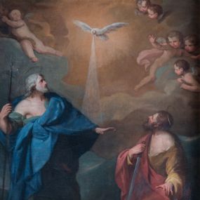 Zdjęcie nr 1: Obraz w formie stojącego prostokąta z przedstawieniem świętego Szymona oraz świętego Judy na tle krajobrazu, z unoszącą się nad nimi gołębicą Ducha Świętego. Święty Szymon w lewej części obrazu, ukazany w postawie stojącej, w wykroku, zwrócony w trzech czwartych w lewo, z uniesioną głową ukazaną z profilu. W prawej, ugiętej ręce trzyma halabardę, lewą wyciąga w bok. Twarz o starczych rysach, migdałowatych, skierowanych w górę oczach, garbatym nosie i pełnych ustach; okolona siwą gęstą brodą i włosami, skręconymi dołem w pukle, opadającymi na ramiona. Nad głową aureola. Ubrany jest w jasnozieloną tunikę odsłaniającą prawe ramię oraz w obfity niebieski płaszcz zawiązany diagonalnie na piersi i opadający wzdłuż prawego boku postaci. Na stopach ma sandały. Święty Juda ukazany w prawej części obrazu, w pozycji klęczącej, zwrócony w trzech czwartych w prawo, z uniesioną głową, ukazaną w profilu. W prawej, zaciśniętej dłoni trzyma piłę, na której się opiera, lewą wyciąga w bok. Twarz o rysach dojrzałego mężczyzny, z oczami skierowanymi w górę i garbatym nosie; okolona gęstą, brązową brodą i krótkimi włosami. Nad głową aureola. Ubrany jest w żółtą tunikę, o szerokich rękawach, odsłaniającą lewe ramię i fragment torsu oraz diagonalnie przewiązany przez prawe ramię czerwony płaszcz, zasłaniający nogi. W górnej partii obrazu na tle rozświetlonych i układających się centrycznie obłoków unosi się gołębica Ducha Świętego, z której dzioba pada wiązka światła na lewą dłoń Szymona. Flankowana jest siedzącymi pośród obłoków puttami i uskrzydlonymi główkami anielskimi. Obraz ujęty drewnianą, profilowaną i złoconą ramą. 



