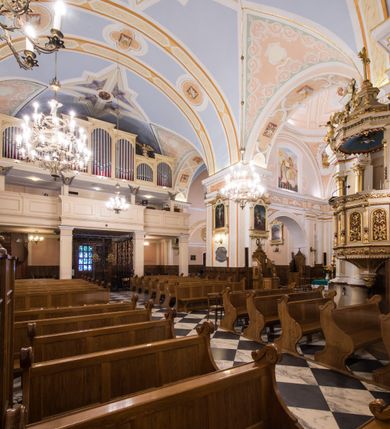 Zdjęcie nr 16: Kościół orientowany, jest budowlą murowaną z cegły i kamienia, na rzucie podłużnym. Korpus trójnawowy i dwuprzęsłowy. Prezbiterium trójprzęsłowe, zamknięte trójbocznie prezbiterium z przylegającymi od północy zakrystią, od południa kruchtą. Na osi kościoła, jednokondygnacyjna, szeroka, przysadzista wieża z kruchtą w przyziemiu i przyległością od zachodu.  Od południa i zachodu, w obrębie pierwszego przęsła naw bocznych jest para kaplic na rzutach zbliżonych do kwadratu. Nawa i prezbiterium przekryte są sklepieniami kolebkowymi z lunetami wspartymi na pilastrach i filarach. Kaplice wieńczą kopuły. Artykulację ścian na zewnątrz prezbiterium stanowi zespół przypór, naroża kaplic ujmują pilastry wpierające obiegający bryłę niepełne belkowanie.
Do wnętrza prowadzi 6 otworów drzwiowych, z czego 2 w kruchcie w wieży ujęte kamiennymi portalami zamkniętymi łukiem koszowym i do kaplicy ujętym kamiennym portalem w formie pary lizen na wysokich cokołach wspierających belkowanie z parą rozet w partii fryzu. Okna korpusu nawowego w kształcie stojących prostokątów, prezbiterium ostrołukowe, natomiast kaplic są prostokątne ujęte kamiennym obramieniem z uszakami w górnych narożach i zwieńczone trójkątnymi przyczółkami. Wieża artykułowana w 2/3 wysokości gzymsem. W dolnej strefie w 3 z 4 ścian po jednym, zamkniętym półkoliście oknie. W górnej partii pośrodku  z czterech po 1 okrągłej tarczy zegara. Wieże wieńczy hełm ujęty 4 latarniami i zwieńczony piątą. Dachy korpusu i prezbiterium dwuspadowe, nad kaplicami kopuły z latarniami, nad zakrystią i kruchtą boczną pulpitowe. Tynki ścian w odcieniach bieli i szarości. 
