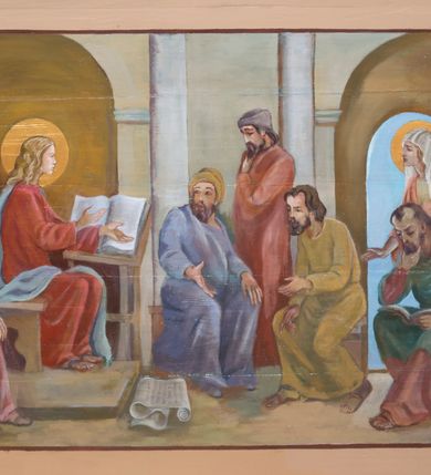 Zdjęcie nr 5: Strop prezbiterium pokryty zgeometryzowanymi motywami roślinnymi ujmującymi centralnie umieszczone przedstawienie Trójcy Świętej. Ściany tej części pokrywa dekoracja wykorzystująca motywy spotykanych w okolicy roślin, takich jak dziewięćsił i dzwonki.  Na jednej ze ścian Chrystus przekazujący klucze św. Piotrowi. Ściany nawy podzielone pionowymi pasami dekoracji ze stylizowanych motywów roślinnych, pomiędzy którymi stacje Drogi Krzyżowej ujęte od góry rozwiniętymi kwiatami. Na stropie nawy kasetony ze stylizowanymi kwiatami, w centrum dwa przedstawienia. W jednym wizerunek  św. Sebastiana przywiązanego do drzewa, w madorli. Nad nim dwa aniołki trzymające wieniec z kwiatów, poniżej wyobrażenie jurgowskiego kościoła wraz ze stojącą obok dzwonnicą. W drugim polu wyobrażenie Matki Boskiej z Dzieciątkiem na półksiężycu, pośród obłoków i między główkami anielskimi. Na zaskrzynieniach sceny z życia Chrystusa. Na lewej ścianie zaczynając od łuku tęczowego: cudowne rozmnożenie chleba, burza na morzu, wskrzeszenie Łazarza, cud w Kanie Galilejskiej. Na przeciwnej ścianie: Narodzenie Jezusa, ucieczka do Egiptu, chrzest w Jordanie, dwunastoletni Jezus w Świątyni. 