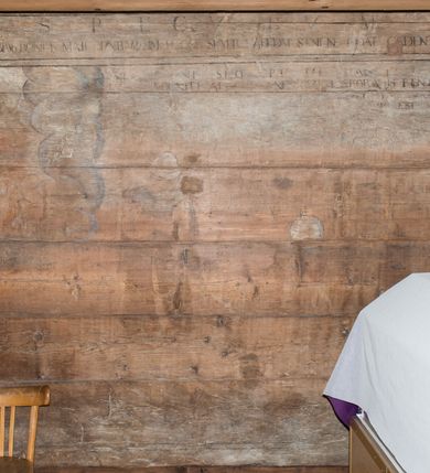 Zdjęcie nr 78: Polichromia ścienna obiegająca całe wnętrze świątyni wraz ze stropem, na ścianach kompozycje dwustrefowe. Strefy odgraniczone malowanym, profilowanym szarym cokołem z konsolami oraz umieszczonymi między nimi napisami. Na osi konsol, w drugiej strefie kolumny oddzielające poszczególne sceny. Kolumny ustawione na złoconych bazach, trzony malowane na czerwono, kapitele stylizowane na korynckie. Podpory podtrzymują malowany szary fryz zdobiony maskami, uskrzydlonymi główkami anielskimi oraz liśćmi wawrzynu.

Ściana północna nawy
W dolnej strefie znajduje się przedstawienie, tzw. Sąd Krwi, odbywający się w pałacu Kajfasza. Pośrodku sceny stoi Kajfasz na podwyższeniu ubrany w strój kapłana żydowskiego, na tle czarnej kotary. U góry napis cześciowo nieczytelny: „SAIPHAS / PONTIFEX / (?) OMNES QVID VELATIS PRAESTAT MNV(?) MORI QVAM / (?) VNIVE SV(?) POPULV (?) DE (?)RE”. Po prawej stronie kompozycji siedzi na kamiennym podeście Chrystus zwrócony trzy czwarte w prawo. Ubrany jest w czerwoną suknię, na głowie ma założoną koronę cierniową, a wokół niej kolisty nimb. Po obu stronach Kajfasza znajdują się liczni członkowie Sanhedrynu, którzy trzymają w dłoniach zwoje z ich imionami oraz orzeczeniami winy, część z nich jest nieczytelna: „INCOGNITA CAV/SA MORTI OBU(?)/EN BVS”, „(?) / ROGAT / NOR(?)M (?) / HIC (?)OMC PE(?)A /VIT”, „PAD / (?)EDV(?) / (?)T / (?)N”, „(?)SMO(?) / (?)HIN (?)”, „RIPHA(?) / LEX IN (?)”, „QRAM / QVARE SINE/MVS VIRVM / (?) QVIA / IVSTVS EST / MORTE DAM(?)”, „EM / IVSTVS / MAXIME QVV / POPVLVM SV(?) / CONCIONIRVS / (?)IONEM / (?)ONC(?)”, „NECODE / (?)CEM ACC(?) / PVLV SEDVCD / MORTE DIGNUS(?) /EST”, „(?)TRIE / (?)NITIE”, „MES / SI(?)VSTVS / EST CONVER / (?)AMVR ADI/(?)VM SINE / (?)VST (?)”, „SAMEOH / SI NEC IV/STVS EST NEC / INIVSTVS Q (?)/TAMEN MO(?)/MVR: C(?) / NON CI (?) /MORTE / EL EXILI / O IPSV / DAMNA/MVS”. Ponadto zachowane pojedyncze litery w dolnej części sceny oraz fragmenty długiego napisu po prawej u góry: „(?) CRV(?) (…) NOS / ET SVP(?)R FILIOS”. W górnej strefie od lewej strony pierwsza kwatera nieczytelna. W drugiej znajduje się scena ukazująca Chrystusa Zmartwychwstałego odwiedzającego Matkę Boską. Poniżej w partii cokołu napis: „T(?) ITA EVIT SVBIIT TAMEN A SPERA MORIS / N(?)LA SED STRATA MORTE RESVRGIT”. W drugiej kwaterze Pokłon Trzech Króli, opatrzony napisem: „CURVATO REGES VENER NTVR POPLITE REGEM / REGYM. NEC MIRUMOIVS DOCET OFFICIVM”. W ostatniej scena ukazująca Boże Narodzenie z podpisem: „VIRGO (?)NTIVSI(?)E P(?)VOD DINERAT ANTE / JAM(?) NIS PALPAS UPERE NVI S. ANAS”.

Ściana łuku arkady tęczowej
Po stronie północnej – dolna strefa nieczytelna, w górnej przedstawienie św. Jerzego na koniu walczącego ze smokiem. Po stronie południowej arkady tęczowej w górnej strefie św. Marcin ucinający połę swojego płaszcza dla żebraka. 

Prezbiterium
Na ścianie północnej lewa strona strefy dolnej niezachowana, dalej drzwi do zakrystii flankowane parą kolumn o czarnych trzonach i korynckich kapitelach. W nadprożu scena ukazująca Chrystusa Zmartwychwstałego Triumfującego, który jedzie na zaprzężonym w trzy baranki powozie. Na tyle pojazdu leżą narzędzia Męki Pańskiej. W prawym górnym narożu sceny napis: „IESVS TRIVMPHANS”. Kolejna scena przedstawia dwie święte niewiasty oraz ucztę. Scena w najnowszej literaturze interpretowana jest jako usługiwanie św. Elżbiety ubogim i chorym. W górnej strefie od lewej strony zostały ukazane następujące przedstawienia i podpisy: Nawiedzenie Najświętszej Marii Panny opisane słowami: „VISITAT ELEGTA IN GENITRICEM VIRCO TONANTIS / MA(?) (?)OMINIS PVRI VERA PARENS OVE DEI”. Kolejna scena przedstawia Zwiastowanie Najświętszej Marii Pannie: „TER QVE QVATER Q3 BEATA, ES VIRGO TE FORE MATRE / ANGELVS A CAELO DETONAT ORE DEI”. Następna kwatera ukazuje Matkę Boską Niepokalanie Poczętą. Po jej bokach znajdują się dwa anioły unoszące białe banderole z napisami: „FIA(?)MINA PLVENS CAELLS EST SVME GRATIA REGIS / A TE QVA RERIT VIRGO SIGMA (?)” oraz „CVMBA NATAT SVPIRI MARE. SED NON FLVC T. FRGO / MVNDANI FLCTIS NON TIM(?)”. W narożach symbole Litanii Loretańskiej w medalionach opisane kolejno słowami: „PER HAEC PRAESERVOR”, „FLVCTVS NON VEREOR”, „EXSPINIS SINE SPINIS ORIOR” oraz „(?)AVDOR NOCTI / LVCI APERIOR”. Poniżej sceny słabo czytelny napis: „INSIDIABARIS MALEDICTE VENENIGER ANGVIS / HV(?) (?)ENERI FAVCIBVS I GNIVS ME / (?) MVLIEREM DIRE (?)RANE / (?)PSE KIECAEM”. Poniżej przedstawienia, w partii cokołu napis: „ECCE ENIM EX HOC BEATAM ME / DICENT OMNES GENERATIONES”. W kolejnej kwaterze św. Elżbieta Węgierska i inskrypcja na cokole: „ARE ODIVA ELIZABETH: NAM TVA CLARENT / RIO MORES NOMINA FACTA POLO”.  Dalej św. Stanisław Biskup: „DIVE STANISLAE HIC MVLT LOCVS AMBIT ET OBTAT / SIS PATER ELIZABETH PATRONA SI(?)”. W części środkowej apsydy dolna cześć niezachowana, w górnej przedstawienie Mojżesza oraz Aarona. Na ścianie południowej prezbiterium w strefie dolnej ukazani kolejno czterej ojcowie Kościoła, opisani: św. Augustyn „S(ANCTVS) AVGVSTINVS”, św. Hieronim „S(ANCTVS) HIER(ONIM)”, św. Grzegorz Wielki „S(ANCTVS) GREGORIVS” oraz św. Ambroży. W strefie górnej, od lewej: św. Jan Kanty. W partii cokołowej napis: „(?) HIC EST quo PATRIARHA ACADEMIA GAVDET / (?)qucm Felic aedicai Astricolam / (?)arior hospes ades Canti no us oris / hic habites oni Alumnus Armans”. W kolejnej kwaterze ukazani są św. Piotr oraz św. Andrzej: „CREDO IN DEVM PATREM OMNIPOTENTE CREATORE CA(?)ETERE ET IN IESVM CHRI/STVM FILIVM (?)VS VNICVM DOMINVM / NOSTRVM”. Następnie św. Bartłomiej i św. Filip: „DESCENDIT AD INFEROS, TERTIA DIE RESVB / REXIT AMORTVIS ASCENDIT, AD CAELOS SEDENT, A DEXTERAM DEI PATRIS OMNI: / POTENTIS”. W ostatniej kwaterze prezbiterium ukazani są św. Tomasz oraz drugi, nierozpoznany apostoł: „CREDO IN SPIRITVM / SANCTVM”.

Ściana północna nawy
Polichromia na ścianie północnej częściowo niezachowana. W dolnej strefie scena ukazująca Modlitwę w Ogrójcu oraz narzędzia Męki Pańskiej: „(?)S SALVATOR / M(?)”. W górnej strefie kolejni dwaj apostołowie: św. Szymon i św. Juda Tadeusz: „SANCTA(?) / MVNION (?)”. Kolejna kwatera nieczytelna.

Balustrada chóru muzycznego
Balustradę chóru muzycznego zdobią alegorie siedmiu grzechów głównych pod postacią kobiet i towarzyszących im atrybutów, pierwsza z lewej Pycha, następna Chciwość, kolejne nieczytelne. Pod chórem muzycznym uskrzydlona główka aniołka nad portalem wejściowym, a po prawej stronie napis: „SPECVLVM / (?) MAI(?) OMNIB(?) VI(?)SIM(?) (?) CADENTI V RESCAT / (?)”.

Strop
Kompozycja stropu podzielona na trzy strefy, dwie duże boczne oraz wąską, środkową. W pierwszej strefie bocznej umieszczona jest rozbudowana kompozycja przedstawiająca Wniebowzięcie Najświętszej Marii Panny. W dolnej strefie pusty grób oraz apostołowie. Matkę Boską otaczają grupy muzykujących aniołów, u góry stoi Chrystus. W strefie środkowej ukazana została Koronacja Matki Boskiej, a w drugiej strefie bocznej Sąd Ostateczny. Partia malowideł na stropie również dookoła opatrzona jest napisami, lecz nieczytelnymi. 
