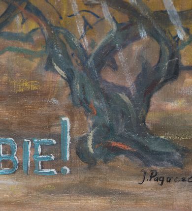 Zdjęcie nr 2: Obraz w kształcie stojącego prostokąta oprawiony w ciemnozłotą, profilowaną ramę. W centrum kompozycji postać Jezusa, który patrzy w dół, prawą rękę unosi w geście błogosławieństwa, lewą składa na piersi; na obu dłoniach widoczne ślady męki. Spod lewej dłoni wydobywają się promienie – czerwony na lewo, a biały na prawo. Jezus ma owalną twarz z  wysokim czołem, niebieskie oczy, wąskie nos i usta. Jasnobrązowe włosy opadają mu na ramiona, ma krótkie wąsy i brodę; wokół głowy nimb krzyżowy. Jest ubrany w białą, długa tunikę o szerokich rękawach lamowaną pod szyją złotem. Przed nim, na pierwszym planie krzaki cierniowe, oraz biały orzeł z rozłożonymi skrzydłami i głową uniesioną w stronę Zbawiciela. Nad dolna krawędzią napis „JEZU UFAMY TOBIE”. W tle górzysty krajobraz, horyzont w połowie wysokości kompozycji, wyżej niebo – jasne dołem i ciemniejące ku górze. 