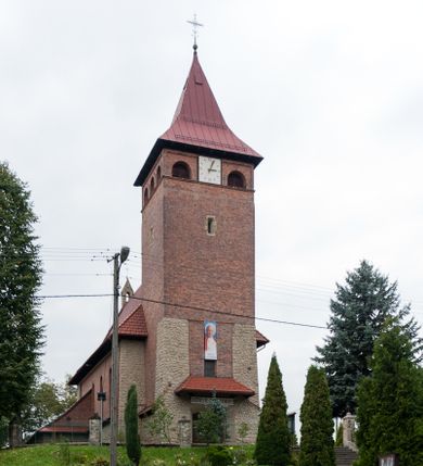 Zdjęcie nr 1: Kościół jest budowlą orientowaną, założoną na planie wydłużonego prostokąta, murowaną, jednonawową z prezbiterium i zakrystią (od północy). Prezbiterium jest węższe od nawy, zamknięte wielobocznie, oddziela je tęcza o łuku półkolistym. Od zachodu chór zamknięty balustradą załamaną trójbocznie i wysuniętą przed lico w części środkowej, dekorowaną płycinami z wicią roślinną. Ściany wnętrza gładkie, brak podziałów pionowych, poziomy podział tworzą przy ziemi nisze zamknięte łukiem odcinkowym; dół ścian wyłożony drewnianą boazerią. Ściany przeprute oknami – prezbiterium dwoma, nawa ośmioma w kształcie stojącego prostokąta zamkniętego łukiem półkolistym; większość wypełniają witraże. Cztery okna w zakrystii. Główne wejście przez korpus wieżowy od zachodu, drugie od zakrystii. Elewacje kościoła są gładkie, górne partie z cegieł, dolne oraz naroża podkreślone okładziną kamienną. Wokół, poniżej partii okien kapnik. Wieża z wejściem umieszczonym w glifie w kształcie stojącego prostokąta zamkniętego łukiem odcinkowym, chronionym daszkiem, ponad którym niewielkie okno. W górnej partii z każdej strony małe okno, pod dachem arkady zamknięte półkoliście, po trzy na każdą stronę. Środkowa arkada ściany frontowej przysłonięta tarczą zegara. Dach nawy dwuspadowy, prezbiterium i zakrystii wieloboczny, ponad nawą kamienna wieżyczka na sygnaturkę, wieża przekryta hełmem namiotowym. Od zewnątrz, na wschodniej ścianie prezbiterium figura ukrzyżowanego Jezusa. Najcenniejszym zabytkiem kościoła jest siedemnastowieczny ołtarz główny, który w poprzedniej budowli stanowił ołtarz boczny. Polichromię zaprojektowała Jadwiga Rymar z Krakowa.