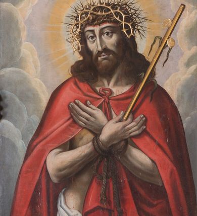 Zdjęcie nr 6: Ołtarz architektoniczny, jednoosiowy, jednokondygnacyjny ze zwieńczeniem. Ołtarz murowany, prostopadłościenny z kamienną mensą. Antepedium drewniane, w polu którego ozdobny, płaskorzeźbiony monogram Chrystusa na niebieskim tle wraz z dekoracją ornamentalną w narożach pola. Pole ujęte ozdobną ramą z płaskorzeźbionym ornamentem z wici roślinnej na jasnoniebieskim tle. Drewniane retabulum ustawione na cokole. W polu obraz z przedstawieniem Modlitwy w Ogrójcu w kształcie leżącego prostokąta o krótszych bokach zakończonych łukiem nadwieszonym. Nastawa flankowana parą kolumn podtrzymujących wyłamane nad osią główną belkowanie. W polu głównym obraz Ecce Homo, a na zasuwie obraz św. Antoniego Padewskiego. Zwieńczenie w formie owalu ujętego ażurową dekoracją formowaną z ornamentu małżowinowo-chrząstkowego na tle kwadratowej ramy. W polu obraz Chrystusa u słupa, po bokach figury, po lewej św. Mikołaja, po prawej św. Doroty, na szczycie figura św. Józefa. Partie cokołów ozdobione płycinami z uskrzydlonymi główkami aniołów w polu, po bokach dekorowane ornamentem małżowinowo-chrząstkowym. Zasadnicza część nastawy ujęta po bokach uszami z ornamentem o formach małżowinowo-chrząstkowych, z czego prawy złożony, dostosowany do południowego filaru kościoła. Trzony kolumn w dolnej partii ozdobione kartuszami o fantazyjnych wycięciach z motywami kaboszonów, w górnej partii pokryte dekoracją w formie wici winnej latorośli. W partii fryzu oraz pod gzymsem ornamentyka roślinna. Pośrodku belkowania motyw dekoracyjnego spływu z uskrzydloną główką aniołka z podwiązaną chustą pod szyją. Pole środkowe w formie prostokątnej wnęki ujętej profilowanymi ramami z czego wewnętrzna ozdobiona ornamentem małżowinowo-chrząstkowym. Polichromia struktury ołtarza utrzymana w odcieniach ciemnego brązu i czerwieni, partie w tle ornamentów niebieskie. Ornamentyka i elementy detalu architektonicznego złocone i srebrzone. 

