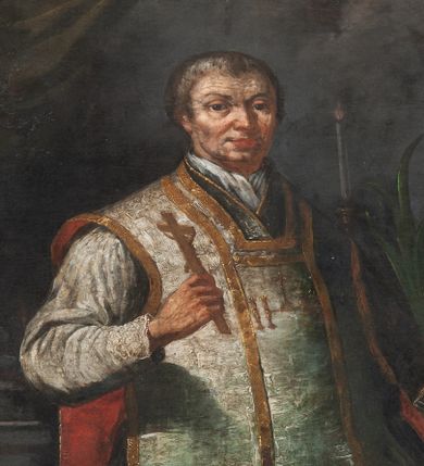 Zdjęcie nr 1: Obraz w kształcie prostokąta o wklęsłych bokach, zwieńczonego łukiem półkolistym nadwieszonym, dostosowany do kształtu zwieńczenia. Przedstawienie świętego Walentego w półpostaci, zwróconego w trzech czwartych w lewo. Święty, ukazany jako mężczyzna w średnim wieku, o pełnej twarzy okolonej krótkimi włosami, w ugiętych w łokciach rękach trzyma w prawej krzyż, w lewej palmę męczeństwa. Ubrany w białą albę i biały ornat ze złotymi galonami i z literami IHS na przedniej pretekście. W tle fragment monumentalnej architektury, kotara oraz krucyfiks z płonącymi świecami po bokach.