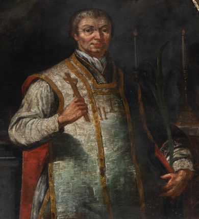 Zdjęcie nr 5: Obraz w kształcie prostokąta o wklęsłych bokach, zwieńczonego łukiem półkolistym nadwieszonym, dostosowany do kształtu zwieńczenia. Przedstawienie świętego Walentego w półpostaci, zwróconego w trzech czwartych w lewo. Święty, ukazany jako mężczyzna w średnim wieku, o pełnej twarzy okolonej krótkimi włosami, w ugiętych w łokciach rękach trzyma w prawej krzyż, w lewej palmę męczeństwa. Ubrany w białą albę i biały ornat ze złotymi galonami i z literami IHS na przedniej pretekście. W tle fragment monumentalnej architektury, kotara oraz krucyfiks z płonącymi świecami po bokach.