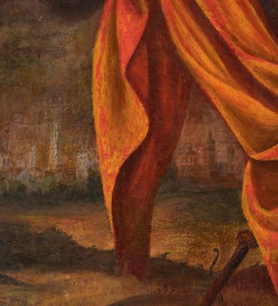 Zdjęcie nr 16: Obraz w kształcie prostokąta zamkniętego łukiem półkolistym nadwieszonym, u dołu z półkolistym wycięciem. Święty przedstawiony w całej postaci, frontalnie, z głową pochyloną na lewy bark i ukazaną w trzech czwartych; stoi w lekkim kontrapoście z wysuniętą prawą stopą; lewą ręką podtrzymuje opartą na biodrze otwartą księgę, lewa ręka ugięta w łokciu, odwiedziona w bok od ciała, z otwartą dłonią skierowaną do widza. Twarz o ciemnej karnacji okolona długimi ciemnymi włosami i takimż zarostem. Ubrany w długą błękitną suknię, okryty czerwoną draperią zarzuconą na lewe ramię, osłaniającą sylwetkę od bioder w dół i przewieszoną przez prawe przedramię. Po bokach świętego dwa uskrzydlone putta, putto po lewej trzyma kij pielgrzymi z zawieszonym bukłakiem, obok na ziemi leży miecz. Ponad głową Apostoła unosi się trzecie putto trzymające w lewej palmę męczeństwa, w prawej ręce wieniec z róż. W tle pejzaż ze scenami życia świętego oraz niebo rozjaśnione za jego głową.     