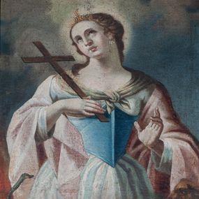 Zdjęcie nr 1: Obraz w kształcie prostokąta zbliżonego do kwadratu, w profilowanym złoconym obramieniu zdobionym rzeźbionymi wolutami z liści akantu oraz motywami roślinnymi. Święta Tekla, uczennica św. Pawła, przedstawiona w półpostaci, frontalnie, z głową pochyloną na prawy bark. W prawej, ugiętej w łokciu ręce trzyma krzyż, w który wpatruje się, w lewej miotełkę. Twarz o jasnej karnacji i delikatnych rysach. Ubrana w jasnoróżową suknię z błękitnym gorsem, z dużym dekoltem i szerokimi rękawami. W tle błękitne niebo z obłokami, rozjaśnione za głową świętej.   