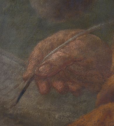 Zdjęcie nr 12: Feretron dwustronny z obrazami św. Joachima z małą Marią oraz św. Łukasza ustawiony na niskim postumencie, zaopatrzonym  w otwory na drążki do noszenia. Struktura feretronu ujęta rzeźbioną ramą zdobioną ornamentem rocaille&#039;owym i kwiatkami. W zwieńczeniu promienista gloria, pośrodku której w otoku utworzonym z obłoków hebrajski tetragram. 

Na awersie obraz św. Joachima. Święty ukazany w półpostaci, frontalnie, trzymający  na kolanach małą Matkę Boską, z głową uniesioną delikatnie ku górze i zwróconą  w prawo. Twarz okolona długą, bujną i siwą brodą; włosy długie i siwe opadające na plecy; wzrok skierowany wysoko w lewy górny róg obrazu. Ubrany w brązową suknię z długimi rękawami oraz brązowy płaszcz zarzucony  na ramiona, na głowie czerwona czapka. Matka Boska ukazana w pozycji siedzącej, zwrócona trzy czwarte w lewo,  z głową skierowaną w swoją prawą stronę, z rękami złożonymi w geście modlitwy,  z prawą nogą wspartą na półksiężycu. Twarz owalna z małymi ustami, krótkim i prostym nosem, wzrokiem skierowanym ku górze. Włosy długie, brązowe, z przedziałkiem pośrodku, upięte  do tyłu, z białą różą wpiętą po lewej stronie. Ubrana w długą białą sukienkę ze złotym obszyciem wokół szyi, z rękawami podwiniętymi do przedramion oraz niebieski płaszcz okrywający nogi. Wokół głów postaci nimby o krótkich promieniach, u Matki Boskiej zdobione sześcioramiennymi gwiazdkami, wykonane  z blachy złoconej. Taż sama złocona aplikacja na półksiężycu. Tło obrazu jednolite, ciemnobrązowe. 

Na rewersie obraz św. Łukasza. Święty ukazany w półpostaci, z lewego profilu, prawą dłonią piszący w otwartej księdze, lewą ją podtrzymujący.Twarz podłużna, okolona średniej długości siwą brodą, oczy przymknięte, nos długi i wąski, włosy krótkie i siwe. Ubrany w ugrową szatę z długimi rękawami oraz białym kołnierzem.  Po lewej stronie obrazu, nad księgą ukazana głowa wołu. Tło obrazu jednolite, ciemnozielone.
W glorii, nad obrazem św. Joachima tetragram (czteroliterowy zapis imienia Boga w języku hebrajskim): „יחיח”. Struktura feretronu pozłocona.
