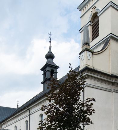Zdjęcie nr 1: Kościół usytuowany jest w centrum miejscowości. Na plac kościelny prowadzi główne wejście od strony zachodniej oraz dwa mniejsze od strony północnej i południowej. Świątynia założona jest na planie krzyża łacińskiego, prezbiterium skierowane na zachód, równe szerokości nawy. Do korpusu kościoła przylega od strony zachodniej niższa i węższa zakrystia, a od strony południowej kruchta. Główne wejście do kościoła znajduje się od strony wschodniej przez czworoboczny przedsionek, nad którym wznosi się wieża. Portal z piaskowca, prosty o uszatych górnych narożach, w kluczu insygnia papieskie. W przedsionku od północnej strony zbudowane wewnętrzne, dwubiegowe schody kamienne prowadzące pierwotnie na chór muzyczny i wyższe piętra wieży. Na piętrze wejście do dwóch pomieszczeń usytuowanych na zapleczu chóru. Pomieszczenia te są nakryte stropami, oświetlone od południa i od wschodu. W pomieszczeniu południowym znajduje się kamienny próg z datą „1767”. Do przedsionka od strony południowej przylega kaplica Matki Boskiej Różańcowej założona na rzucie kwadratu, nakryta płaskim, malowanym stropem, wejście do kaplicy od strony północnej.

Wnętrze jest oświetlone przez 16 podłużnych okien, 8 w transepcie i 8 w ścianach nawy. Ponadto są jeszcze cztery okna okratowane, umieszczone jedno nad drugim po dwa w ścianie północnej i południowej.
Zakrystia jednoizbowa, dwa okna prostokątne w ścianie północno-zachodniej oraz dwoje drzwi, jedne do prezbiterium, drugie wejściowe w ścianie południowej. Wewnątrz zakrystii wąskie schody prowadzące do schowka na pięterku: jednoizbowego, oświetlonego od południa i od zachodu. Zakrystia i schowek nakryte płaskimi sufitami. Kruchta przybudowana do południowej ściany kościoła założona na rzucie kwadratu, o dwóch wejściach: z nawy i od zewnątrz od strony południowej. Wnętrze kościoła bez zaznaczonych podziałów architektonicznych, w dolnej części drewniana boazeria, w górnej iluzjonistyczna polichromia imitująca pilastry wspierające strop. Chór muzyczny wsparty na dwóch słupach.

Elewacja kościoła bez podziałów architektonicznych z zaznaczonym jedynie profilowanym gzymsem podokapowym. Fasada wschodnia trójosiowa ze środkowym ryzalitem, wieża włączona w korpus kościoła. W drugiej kondygnacji spływy flankujące wieżę, zakończone masywnymi sterczynami. Wieża nakryta dachem namiotowym z hełmem, na szczycie iglica. Na środku nawy ażurowa wieżyczka na sygnaturkę, nakryta daszkiem namiotowym z hełmem. Dach nad korpusem kościoła i zakrystią jednokalenicowy, dwuspadowy, nad prezbiterium i transeptem trójspadowy, nad kruchtą siodłowy.



