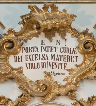 Zdjęcie nr 55: Nastawa architektoniczna, trójosiowa, dwukondygnacyjna ze zwieńczeniem, ustawiona na dwustrefowym cokole. Ołtarz drewniany, prostopadłościenny z drewnianą mensą, w partii antepedium dekorowany trzema płycinami. Na ołtarzu ustawione tabernakulum. Cokół dwustrefowy z wyodrębnionymi prostopadłościanami dekorowanymi w pierwszej strefie płycinami, w drugiej rocaille'owymi płycinami.  Osie pierwszej kondygnacji wydzielone trzema parami kolumn. Oś środkowa flankowana dwiema parami pilastrów i stojącymi przed nimi kolumnami ustawionymi na cokołach, druga para zwrócona pod kątem na zewnątrz. Podpory dźwigają wyłamane na ich osi fragmenty belkowania, środkowa para również przerwany, falisty przyczółek. Na belkowaniu i przyczółku siedzi para puttów i para adorujących aniołów. Pomiędzy parami kolumn ustawione figury św. Anny i św. Elżbiety. W polu głównym znajduje się wnęka w formie stojącego prostokąta zamkniętego łukiem półkolistym nadwieszonym z uskokiem, ujęta profilowaną ramą z obrazem Matki Boskiej z Dzieciątkiem i św. Janem Chrzcicielem. Ponad obrazem rokokowy kartusz z kwiatowymi zwisami, z napisem „EN! / PORTA PATET CURIAE / DEI EXCELSA MATER ET / VIRGO IO! VENITE / S(anctus) Cyprianus”. Osie boczne wydzielone zewnętrzną parą pilastrów i stojących przed nimi kolumn ustawionych na dwustrefowych cokołach, dźwigających imposty i fragmenty przerwanego rocaille'owego przyczółka. Na osiach w partii cokołu znajdują się bramki z drzwiami w kształcie stojącego prostokąta zamkniętego łukiem półkolistym. Ponad nimi na rocaille'owych konsolach, na tle wnęki ujętej rocaille'ową ramą znajdują się figury św. Joachima i Zachariasza. Nad wnękami ażurowa kratka w formie stojącego prostokąta ujęta rocaille'ową ramą. Całość zamknięta rocaille'm z wyodrębnionym pionowym akcentem koguciego grzebienia. Druga kondygnacja flankowana dwiema parami pilastrów, w tym zewnętrzną ustawioną pod kątem na zewnątrz o trzonach przechodzących w spływy wolutowe ustawione na cokołach na belkowaniu pierwszej kondygnacji nastawy. Spływy zakończone są rokokowymi wazonami. Podpory dźwigają gzyms przerwany na polem. Całość zamknięta medalionem z Okiem Opatrzności otoczonym wieńcem z obłoków i uskrzydlonych główek anielskich, w glorii promienistej. U dołu medalionu i na gzymsie znajdują się putta. W polu wnęka w formie stojącego prostokąta zamkniętego łukiem półkolistym nadwieszonym w profilowanej ramie z obrazem św. Kazimierza. Struktura niemal w całości polichromowana w kolorze białym, trzony kolumn polichromowane na sposób imitujący marmoryzację w kolorze biało-różowym, profile i ornamentyka złocone. 