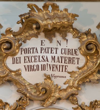 Zdjęcie nr 56: Nastawa architektoniczna, trójosiowa, dwukondygnacyjna ze zwieńczeniem, ustawiona na dwustrefowym cokole. Ołtarz drewniany, prostopadłościenny z drewnianą mensą, w partii antepedium dekorowany trzema płycinami. Na ołtarzu ustawione tabernakulum. Cokół dwustrefowy z wyodrębnionymi prostopadłościanami dekorowanymi w pierwszej strefie płycinami, w drugiej rocaille'owymi płycinami.  Osie pierwszej kondygnacji wydzielone trzema parami kolumn. Oś środkowa flankowana dwiema parami pilastrów i stojącymi przed nimi kolumnami ustawionymi na cokołach, druga para zwrócona pod kątem na zewnątrz. Podpory dźwigają wyłamane na ich osi fragmenty belkowania, środkowa para również przerwany, falisty przyczółek. Na belkowaniu i przyczółku siedzi para puttów i para adorujących aniołów. Pomiędzy parami kolumn ustawione figury św. Anny i św. Elżbiety. W polu głównym znajduje się wnęka w formie stojącego prostokąta zamkniętego łukiem półkolistym nadwieszonym z uskokiem, ujęta profilowaną ramą z obrazem Matki Boskiej z Dzieciątkiem i św. Janem Chrzcicielem. Ponad obrazem rokokowy kartusz z kwiatowymi zwisami, z napisem „EN! / PORTA PATET CURIAE / DEI EXCELSA MATER ET / VIRGO IO! VENITE / S(anctus) Cyprianus”. Osie boczne wydzielone zewnętrzną parą pilastrów i stojących przed nimi kolumn ustawionych na dwustrefowych cokołach, dźwigających imposty i fragmenty przerwanego rocaille'owego przyczółka. Na osiach w partii cokołu znajdują się bramki z drzwiami w kształcie stojącego prostokąta zamkniętego łukiem półkolistym. Ponad nimi na rocaille'owych konsolach, na tle wnęki ujętej rocaille'ową ramą znajdują się figury św. Joachima i Zachariasza. Nad wnękami ażurowa kratka w formie stojącego prostokąta ujęta rocaille'ową ramą. Całość zamknięta rocaille'm z wyodrębnionym pionowym akcentem koguciego grzebienia. Druga kondygnacja flankowana dwiema parami pilastrów, w tym zewnętrzną ustawioną pod kątem na zewnątrz o trzonach przechodzących w spływy wolutowe ustawione na cokołach na belkowaniu pierwszej kondygnacji nastawy. Spływy zakończone są rokokowymi wazonami. Podpory dźwigają gzyms przerwany na polem. Całość zamknięta medalionem z Okiem Opatrzności otoczonym wieńcem z obłoków i uskrzydlonych główek anielskich, w glorii promienistej. U dołu medalionu i na gzymsie znajdują się putta. W polu wnęka w formie stojącego prostokąta zamkniętego łukiem półkolistym nadwieszonym w profilowanej ramie z obrazem św. Kazimierza. Struktura niemal w całości polichromowana w kolorze białym, trzony kolumn polichromowane na sposób imitujący marmoryzację w kolorze biało-różowym, profile i ornamentyka złocone. 