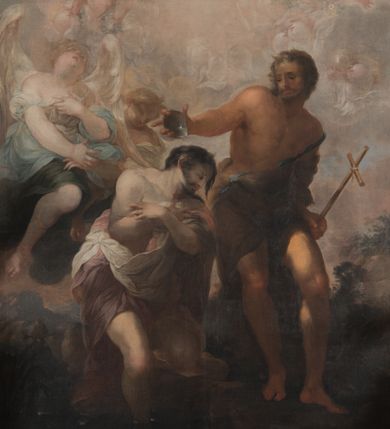 Zdjęcie nr 1: Obraz w kształcie stojącego prostokąta ukazuje scenę chrztu Jezusa w Jordanie. Pośrodku ukazany Jezus, stojący prawą nogą w rzece, z lewą opartą o brzeg, z rękami złożonymi na piersi, ubrany w skłębione szaty w kolorach fioletu, jasnego różu i bieli, odsłaniające prawe ramię  i ręce oraz nogi. Jego głowa ukazana jest niemal z profilu, opuszczona w dół, z prostym nosem, zaczerwienionymi ustami, okolona krótką brodą, z ciemnymi włosami, zaczesanymi do tyłu, z widocznym prawym uchem. Na brzegu stoi św. Jan Chrzciciel, ukazany w kontrapoście, polewający głowę Jezusa wodą w muszli, z lewą ręką przyciśniętą do uda z długim krzyżem w dłoni. Jan ubrany jest w wielbłądzią skórę odsłaniającą klatkę piersiową i nogi ozdobioną błękitną wstęgą. Nad Chrystusem unosi się gołębica Ducha Świętego, ukazana na tle silnie rozświetlonego nieba, otoczona główkami aniołów, aniołkami i aniołami w niebieskich i zielonych szatach tuż za postacią Jezusa. W tle widoczny jest zarys dalekiego, górskiego krajobrazu, z fragmentami drzew i krzewów. Kolorystyka obrazu stonowana, niemal pastelowa, z przewagą bieli, różów, brązów i fioletów. 