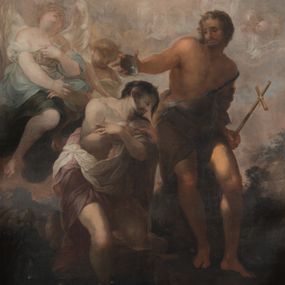 Zdjęcie nr 1: Obraz w kształcie stojącego prostokąta ukazuje scenę chrztu Jezusa w Jordanie. Pośrodku ukazany Jezus, stojący prawą nogą w rzece, z lewą opartą o brzeg, z rękami złożonymi na piersi, ubrany w skłębione szaty w kolorach fioletu, jasnego różu i bieli, odsłaniające prawe ramię  i ręce oraz nogi. Jego głowa ukazana jest niemal z profilu, opuszczona w dół, z prostym nosem, zaczerwienionymi ustami, okolona krótką brodą, z ciemnymi włosami, zaczesanymi do tyłu, z widocznym prawym uchem. Na brzegu stoi św. Jan Chrzciciel, ukazany w kontrapoście, polewający głowę Jezusa wodą w muszli, z lewą ręką przyciśniętą do uda z długim krzyżem w dłoni. Jan ubrany jest w wielbłądzią skórę odsłaniającą klatkę piersiową i nogi ozdobioną błękitną wstęgą. Nad Chrystusem unosi się gołębica Ducha Świętego, ukazana na tle silnie rozświetlonego nieba, otoczona główkami aniołów, aniołkami i aniołami w niebieskich i zielonych szatach tuż za postacią Jezusa. W tle widoczny jest zarys dalekiego, górskiego krajobrazu, z fragmentami drzew i krzewów. Kolorystyka obrazu stonowana, niemal pastelowa, z przewagą bieli, różów, brązów i fioletów. 