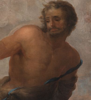 Zdjęcie nr 12: Obraz w kształcie stojącego prostokąta ukazuje scenę chrztu Jezusa w Jordanie. Pośrodku ukazany Jezus, stojący prawą nogą w rzece, z lewą opartą o brzeg, z rękami złożonymi na piersi, ubrany w skłębione szaty w kolorach fioletu, jasnego różu i bieli, odsłaniające prawe ramię  i ręce oraz nogi. Jego głowa ukazana jest niemal z profilu, opuszczona w dół, z prostym nosem, zaczerwienionymi ustami, okolona krótką brodą, z ciemnymi włosami, zaczesanymi do tyłu, z widocznym prawym uchem. Na brzegu stoi św. Jan Chrzciciel, ukazany w kontrapoście, polewający głowę Jezusa wodą w muszli, z lewą ręką przyciśniętą do uda z długim krzyżem w dłoni. Jan ubrany jest w wielbłądzią skórę odsłaniającą klatkę piersiową i nogi ozdobioną błękitną wstęgą. Nad Chrystusem unosi się gołębica Ducha Świętego, ukazana na tle silnie rozświetlonego nieba, otoczona główkami aniołów, aniołkami i aniołami w niebieskich i zielonych szatach tuż za postacią Jezusa. W tle widoczny jest zarys dalekiego, górskiego krajobrazu, z fragmentami drzew i krzewów. Kolorystyka obrazu stonowana, niemal pastelowa, z przewagą bieli, różów, brązów i fioletów. 