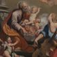 Zdjęcie nr 1: Owalny obraz, w drewnianej, profilowanej, złoconej ramie ukazuje klęczącego św. Józefa z siedzącym na chmurach Jezusem w towarzystwie grającego na kontrabasie anioła, grup uskrzydlonych puttów i główek anielskich. Józef ukazany jest w trzech czwartych, z lewą ręką obejmującą Jezusa, a prawą, zgiętą w łokciu i wyciągniętą do przodu. Głowa z łysiną czołową i siwymi, kręconymi, krótkimi włosami; twarz o rysach starszego mężczyzny, z krótkim nosem i otwartymi oczami. Święty ubrany jest w jasnofioletową suknię i brązowy płaszcz okrywający niemal cała sylwetkę. Siedzący na chmurze z trzema główkami aniołków nagi Jezus głowę zwraca ku górze i wysoko unosi rączki. Jego twarz jest pełna, policzki pękate, zaczerwienione, oczy ciemnobrązowe, krótki nosek i otwarte, pełne usta, włosy krótkie, jasne, kręcone.  Po prawej stronie klęczy anioł grający na kontrabasie, ukazany w trzech czwartych, zwrócony głową w prawo, ubrany w niebieską suknię odsłaniającą lewą pierś i bladoczerwony płaszcz. Jego głowa jest przedstawiona z profilu, z gęstymi, kręconymi, blond włosami, opadającymi na ramiona. Twarz ma pociągłą, z długim, zadartym nosem, otwartymi oczami i różowymi, otwartymi ustami. Przed św. Józefem siedzi para aniołków, z których jeden trzyma długi kij zakończony lilią. W górnej strefie wyłaniają się z chmur główki aniołków i dwa uskrzydlone aniołki trzymające krzyż. Tło nieokreślone, w tonacjach szarości, z widoczną dolną częścią kolumny. 
