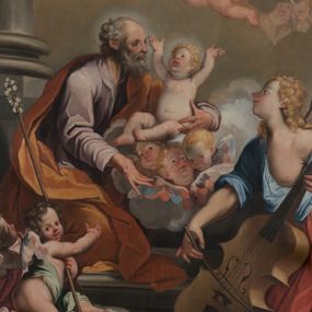 Zdjęcie nr 1: Owalny obraz, w drewnianej, profilowanej, złoconej ramie ukazuje klęczącego św. Józefa z siedzącym na chmurach Jezusem w towarzystwie grającego na kontrabasie anioła, grup uskrzydlonych puttów i główek anielskich. Józef ukazany jest w trzech czwartych, z lewą ręką obejmującą Jezusa, a prawą, zgiętą w łokciu i wyciągniętą do przodu. Głowa z łysiną czołową i siwymi, kręconymi, krótkimi włosami; twarz o rysach starszego mężczyzny, z krótkim nosem i otwartymi oczami. Święty ubrany jest w jasnofioletową suknię i brązowy płaszcz okrywający niemal cała sylwetkę. Siedzący na chmurze z trzema główkami aniołków nagi Jezus głowę zwraca ku górze i wysoko unosi rączki. Jego twarz jest pełna, policzki pękate, zaczerwienione, oczy ciemnobrązowe, krótki nosek i otwarte, pełne usta, włosy krótkie, jasne, kręcone.  Po prawej stronie klęczy anioł grający na kontrabasie, ukazany w trzech czwartych, zwrócony głową w prawo, ubrany w niebieską suknię odsłaniającą lewą pierś i bladoczerwony płaszcz. Jego głowa jest przedstawiona z profilu, z gęstymi, kręconymi, blond włosami, opadającymi na ramiona. Twarz ma pociągłą, z długim, zadartym nosem, otwartymi oczami i różowymi, otwartymi ustami. Przed św. Józefem siedzi para aniołków, z których jeden trzyma długi kij zakończony lilią. W górnej strefie wyłaniają się z chmur główki aniołków i dwa uskrzydlone aniołki trzymające krzyż. Tło nieokreślone, w tonacjach szarości, z widoczną dolną częścią kolumny. 
