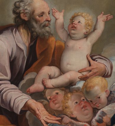 Zdjęcie nr 18: Owalny obraz, w drewnianej, profilowanej, złoconej ramie ukazuje klęczącego św. Józefa z siedzącym na chmurach Jezusem w towarzystwie grającego na kontrabasie anioła, grup uskrzydlonych puttów i główek anielskich. Józef ukazany jest w trzech czwartych, z lewą ręką obejmującą Jezusa, a prawą, zgiętą w łokciu i wyciągniętą do przodu. Głowa z łysiną czołową i siwymi, kręconymi, krótkimi włosami; twarz o rysach starszego mężczyzny, z krótkim nosem i otwartymi oczami. Święty ubrany jest w jasnofioletową suknię i brązowy płaszcz okrywający niemal cała sylwetkę. Siedzący na chmurze z trzema główkami aniołków nagi Jezus głowę zwraca ku górze i wysoko unosi rączki. Jego twarz jest pełna, policzki pękate, zaczerwienione, oczy ciemnobrązowe, krótki nosek i otwarte, pełne usta, włosy krótkie, jasne, kręcone.  Po prawej stronie klęczy anioł grający na kontrabasie, ukazany w trzech czwartych, zwrócony głową w prawo, ubrany w niebieską suknię odsłaniającą lewą pierś i bladoczerwony płaszcz. Jego głowa jest przedstawiona z profilu, z gęstymi, kręconymi, blond włosami, opadającymi na ramiona. Twarz ma pociągłą, z długim, zadartym nosem, otwartymi oczami i różowymi, otwartymi ustami. Przed św. Józefem siedzi para aniołków, z których jeden trzyma długi kij zakończony lilią. W górnej strefie wyłaniają się z chmur główki aniołków i dwa uskrzydlone aniołki trzymające krzyż. Tło nieokreślone, w tonacjach szarości, z widoczną dolną częścią kolumny. 
