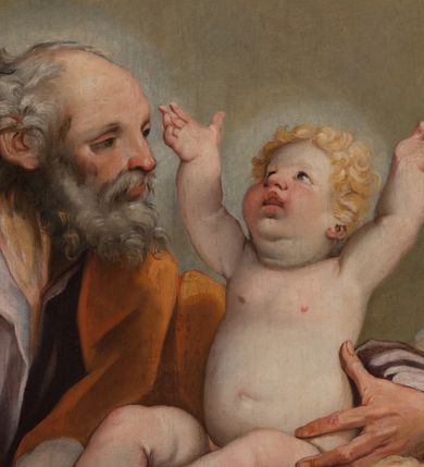 Zdjęcie nr 20: Owalny obraz, w drewnianej, profilowanej, złoconej ramie ukazuje klęczącego św. Józefa z siedzącym na chmurach Jezusem w towarzystwie grającego na kontrabasie anioła, grup uskrzydlonych puttów i główek anielskich. Józef ukazany jest w trzech czwartych, z lewą ręką obejmującą Jezusa, a prawą, zgiętą w łokciu i wyciągniętą do przodu. Głowa z łysiną czołową i siwymi, kręconymi, krótkimi włosami; twarz o rysach starszego mężczyzny, z krótkim nosem i otwartymi oczami. Święty ubrany jest w jasnofioletową suknię i brązowy płaszcz okrywający niemal cała sylwetkę. Siedzący na chmurze z trzema główkami aniołków nagi Jezus głowę zwraca ku górze i wysoko unosi rączki. Jego twarz jest pełna, policzki pękate, zaczerwienione, oczy ciemnobrązowe, krótki nosek i otwarte, pełne usta, włosy krótkie, jasne, kręcone.  Po prawej stronie klęczy anioł grający na kontrabasie, ukazany w trzech czwartych, zwrócony głową w prawo, ubrany w niebieską suknię odsłaniającą lewą pierś i bladoczerwony płaszcz. Jego głowa jest przedstawiona z profilu, z gęstymi, kręconymi, blond włosami, opadającymi na ramiona. Twarz ma pociągłą, z długim, zadartym nosem, otwartymi oczami i różowymi, otwartymi ustami. Przed św. Józefem siedzi para aniołków, z których jeden trzyma długi kij zakończony lilią. W górnej strefie wyłaniają się z chmur główki aniołków i dwa uskrzydlone aniołki trzymające krzyż. Tło nieokreślone, w tonacjach szarości, z widoczną dolną częścią kolumny. 
