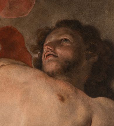 Zdjęcie nr 3: Obraz w kształcie owalu, w profilowanej, złoconej ramie ukazuje na wpół leżącego na skale, niemal nagiego św. Sebastiana przebitego strzałami w towarzystwie uskrzydlonych aniołków. Święty ukazany w trzech czwartych, z silnie wysklepioną klatką piersiową, głowę zwraca ku górze. Jego prawą, uniesioną rękę podtrzymuje anioł, lewa ręka spoczywa na skale. Biodra zasłania biała, zakrwawiona chusta, a na skale rozpostarta jest niebieska szata. Na nogach i rękach widoczne resztki krępujących go sznurów. Ciało przebijają trzy strzały, dwie w klatce piersiowej, jedna w lewym ramieniu. Za świętym trzy nagie niemalże aniołki w zróżnicowanych pozach, z których jeden trzyma palmę męczeństwa; anioły ukazane szkicowo, na tle czerwonej, rozłożystej tkaniny. W tle skłębione niebieskie chmury i szaro-brązowa nieokreślona przestrzeń. Po lewej, u dołu sygnatura „Paolo Pagani Pinxit&quot;.