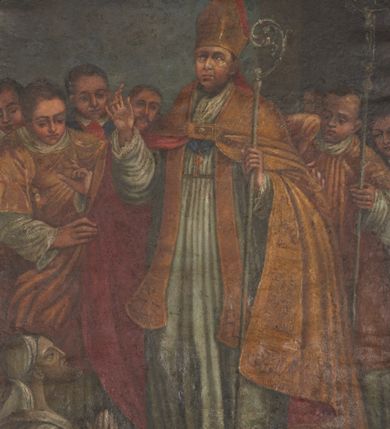 Zdjęcie nr 1: Obraz w kształcie stojącego prostokąta zamkniętego łukiem półkolistym. Kompozycja wielopostaciowa, w centrum stojący św. Stanisław w stroju biskupim w otoczeniu duchownych. Święty jest ukazany w trzech czwartych, zwrócony w prawą stronę, z prawą ręką uniesioną ku górze, zgiętą w łokciu, w lewej trzyma pastorał. Twarz okrągła o szerokim nosie, pełnych ustach, z wzrokiem skierowanym ku górze. Święty jest ubrany w białą albę zdobioną parurą. Na ramiona ma narzuconą złotą kapę o czerwonym podbiciu, z lewej strony podtrzymywaną przez diakona, który w lewej ręce dzierży krucyfiks osadzony na wysokim drzewcu. Spod kapy widoczna stuła i pektorał zawieszony na błękitnej wstędze. Na głowie złota infuła. Przed świętym, w lewym dolnym rogu obrazu Piotrowin wychodzący z grobu, obrócony prawym profilem, owinięty białym płótnem. Ręce złożone w geście modlitwy. Twarz pociągła z dużymi oczami, długim nosem, okolona zarostem, skierowana w górę ku świętemu. W tle postacie diakonów i świeckich. Tonacja w ciepłych odcieniach z przewagą złoceń i czerwieni. Tło ciemne w odcieniach brązów i granatów. 
