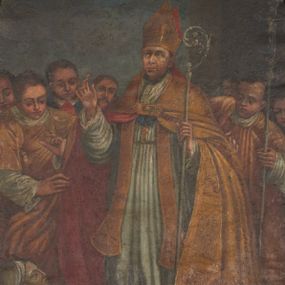 Zdjęcie nr 1: Obraz w kształcie stojącego prostokąta zamkniętego łukiem półkolistym. Kompozycja wielopostaciowa, w centrum stojący św. Stanisław w stroju biskupim w otoczeniu duchownych. Święty jest ukazany w trzech czwartych, zwrócony w prawą stronę, z prawą ręką uniesioną ku górze, zgiętą w łokciu, w lewej trzyma pastorał. Twarz okrągła o szerokim nosie, pełnych ustach, z wzrokiem skierowanym ku górze. Święty jest ubrany w białą albę zdobioną parurą. Na ramiona ma narzuconą złotą kapę o czerwonym podbiciu, z lewej strony podtrzymywaną przez diakona, który w lewej ręce dzierży krucyfiks osadzony na wysokim drzewcu. Spod kapy widoczna stuła i pektorał zawieszony na błękitnej wstędze. Na głowie złota infuła. Przed świętym, w lewym dolnym rogu obrazu Piotrowin wychodzący z grobu, obrócony prawym profilem, owinięty białym płótnem. Ręce złożone w geście modlitwy. Twarz pociągła z dużymi oczami, długim nosem, okolona zarostem, skierowana w górę ku świętemu. W tle postacie diakonów i świeckich. Tonacja w ciepłych odcieniach z przewagą złoceń i czerwieni. Tło ciemne w odcieniach brązów i granatów. 
