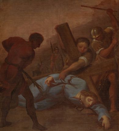 Zdjęcie nr 11: Czternaście stacji drogi krzyżowej w formie odrębnych obrazów w kształcie stojących prostokątów, ujętych drewnianymi, profilowanymi, złoconymi ramami ze zwieńczeniami z numerem stacji oraz podwieszeniami z nazwą. Przedstawienia charakteryzują kompozycje wielofiguralne ukazane na tle pejzażowym z motywami architektonicznymi, z poprawnie wyznaczoną perspektywą zbieżną. Upozowanie oraz mimika postaci wyrażają emocje, ubiory są historyzujące. Kolorystykę płócien cechuje przewaga barw ziemi i szarości skontrastowanych błękitem, zielenią czy ocieploną bielą. Modelunek jest płynny i miękki. 