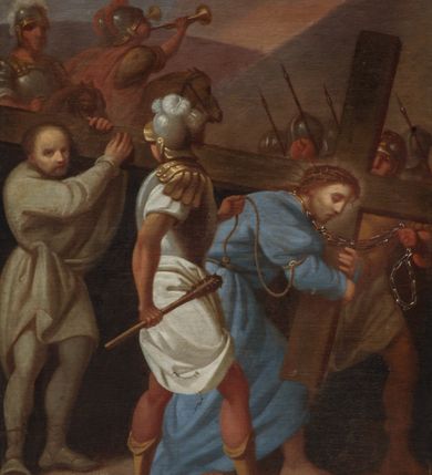 Zdjęcie nr 9: Czternaście stacji drogi krzyżowej w formie odrębnych obrazów w kształcie stojących prostokątów, ujętych drewnianymi, profilowanymi, złoconymi ramami ze zwieńczeniami z numerem stacji oraz podwieszeniami z nazwą. Przedstawienia charakteryzują kompozycje wielofiguralne ukazane na tle pejzażowym z motywami architektonicznymi, z poprawnie wyznaczoną perspektywą zbieżną. Upozowanie oraz mimika postaci wyrażają emocje, ubiory są historyzujące. Kolorystykę płócien cechuje przewaga barw ziemi i szarości skontrastowanych błękitem, zielenią czy ocieploną bielą. Modelunek jest płynny i miękki. 