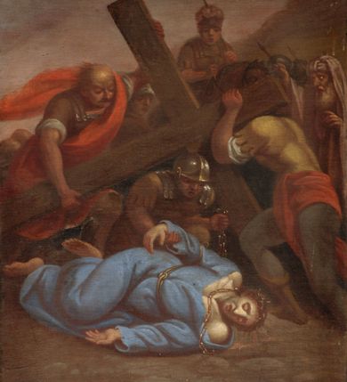 Zdjęcie nr 13: Czternaście stacji drogi krzyżowej w formie odrębnych obrazów w kształcie stojących prostokątów, ujętych drewnianymi, profilowanymi, złoconymi ramami ze zwieńczeniami z numerem stacji oraz podwieszeniami z nazwą. Przedstawienia charakteryzują kompozycje wielofiguralne ukazane na tle pejzażowym z motywami architektonicznymi, z poprawnie wyznaczoną perspektywą zbieżną. Upozowanie oraz mimika postaci wyrażają emocje, ubiory są historyzujące. Kolorystykę płócien cechuje przewaga barw ziemi i szarości skontrastowanych błękitem, zielenią czy ocieploną bielą. Modelunek jest płynny i miękki. 