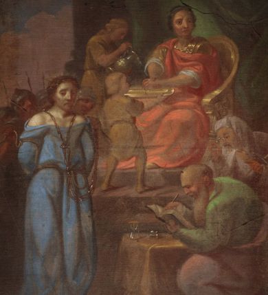 Zdjęcie nr 1: Czternaście stacji drogi krzyżowej w formie odrębnych obrazów w kształcie stojących prostokątów, ujętych drewnianymi, profilowanymi, złoconymi ramami ze zwieńczeniami z numerem stacji oraz podwieszeniami z nazwą. Przedstawienia charakteryzują kompozycje wielofiguralne ukazane na tle pejzażowym z motywami architektonicznymi, z poprawnie wyznaczoną perspektywą zbieżną. Upozowanie oraz mimika postaci wyrażają emocje, ubiory są historyzujące. Kolorystykę płócien cechuje przewaga barw ziemi i szarości skontrastowanych błękitem, zielenią czy ocieploną bielą. Modelunek jest płynny i miękki. 