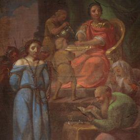 Zdjęcie nr 1: Czternaście stacji drogi krzyżowej w formie odrębnych obrazów w kształcie stojących prostokątów, ujętych drewnianymi, profilowanymi, złoconymi ramami ze zwieńczeniami z numerem stacji oraz podwieszeniami z nazwą. Przedstawienia charakteryzują kompozycje wielofiguralne ukazane na tle pejzażowym z motywami architektonicznymi, z poprawnie wyznaczoną perspektywą zbieżną. Upozowanie oraz mimika postaci wyrażają emocje, ubiory są historyzujące. Kolorystykę płócien cechuje przewaga barw ziemi i szarości skontrastowanych błękitem, zielenią czy ocieploną bielą. Modelunek jest płynny i miękki. 