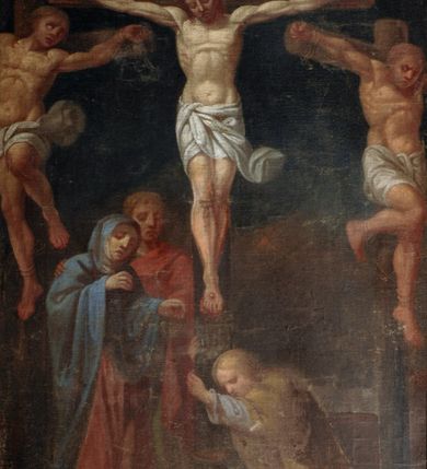 Zdjęcie nr 4: Czternaście stacji drogi krzyżowej w formie odrębnych obrazów w kształcie stojących prostokątów, ujętych drewnianymi, profilowanymi, złoconymi ramami ze zwieńczeniami z numerem stacji oraz podwieszeniami z nazwą. Przedstawienia charakteryzują kompozycje wielofiguralne ukazane na tle pejzażowym z motywami architektonicznymi, z poprawnie wyznaczoną perspektywą zbieżną. Upozowanie oraz mimika postaci wyrażają emocje, ubiory są historyzujące. Kolorystykę płócien cechuje przewaga barw ziemi i szarości skontrastowanych błękitem, zielenią czy ocieploną bielą. Modelunek jest płynny i miękki. 