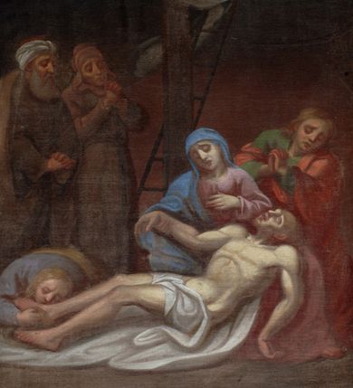 Zdjęcie nr 5: Czternaście stacji drogi krzyżowej w formie odrębnych obrazów w kształcie stojących prostokątów, ujętych drewnianymi, profilowanymi, złoconymi ramami ze zwieńczeniami z numerem stacji oraz podwieszeniami z nazwą. Przedstawienia charakteryzują kompozycje wielofiguralne ukazane na tle pejzażowym z motywami architektonicznymi, z poprawnie wyznaczoną perspektywą zbieżną. Upozowanie oraz mimika postaci wyrażają emocje, ubiory są historyzujące. Kolorystykę płócien cechuje przewaga barw ziemi i szarości skontrastowanych błękitem, zielenią czy ocieploną bielą. Modelunek jest płynny i miękki. 