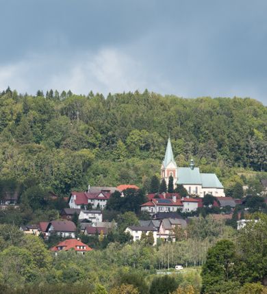 Zdjęcie nr 19: Kościół orientowany, jednonawowy, z krótkim zakończonym wielobocznie prezbiterium, przy którym od północy zakrystia z nowszym przedsionkiem; przy nawie od północy prostokątna kaplica Różańcowa (1712 r.), od zachodu wieża na rzucie kwadratu, od południa drewniana kruchta. Wewnątrz stropy. Arkada tęczy szeroka półkolista. Zewnątrz mury opięte przyporami, tynkowane. Dachy dwuspadowe i pulpitowe. Na kalenicy dachu nawy wieżyczka na sygnaturkę z datą 1878. Okna prostokątne zamknięte półkoliście. Dwa portale kamienne prostokątne. Wieża dołem gotycka, nadbudowana w stylu pseudoromańskim; trójkondygnacyjna, dołem z narożnikami artykułowanymi boniowaniem, narożniki górnej kondygnacji ujęte lizenami połączonymi fryzem arkadkowym. Elewacje wieży zwieńczone trójkątnymi szczytami i ostrosłupowym hełmem krytym blachą.