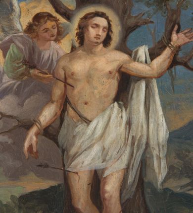 Zdjęcie nr 1: Obraz w formie stojącego owalu z przedstawieniem św. Sebastiana przywiązanego do drzewa. Święty ukazany jest w całej postaci, frontalnie, w kontrapoście. Lewą rękę ma uniesioną, prawą opadającą wzdłuż boku, obie przywiązane do gałęzi drzewa. Twarz ma okrągłą, o zamkniętych oczach i prostym nosie, okoloną krótkimi, brązowymi włosami. Wokół głowy nimb. Jego ciało jest umięśnione o rozbudowanej klatce piersiowej, w partii bioder przesłonięte białą tkaniną, której część zawieszona jest na drzewie po lewej stronie świętego. Po jego prawej widoczny nadlatujący na obłoku anioł, który wyciąga z jego boku strzałę. Scena ukazana jest na tle górzystego pejzażu. 