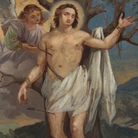 Zdjęcie nr 1: Obraz w formie stojącego owalu z przedstawieniem św. Sebastiana przywiązanego do drzewa. Święty ukazany jest w całej postaci, frontalnie, w kontrapoście. Lewą rękę ma uniesioną, prawą opadającą wzdłuż boku, obie przywiązane do gałęzi drzewa. Twarz ma okrągłą, o zamkniętych oczach i prostym nosie, okoloną krótkimi, brązowymi włosami. Wokół głowy nimb. Jego ciało jest umięśnione o rozbudowanej klatce piersiowej, w partii bioder przesłonięte białą tkaniną, której część zawieszona jest na drzewie po lewej stronie świętego. Po jego prawej widoczny nadlatujący na obłoku anioł, który wyciąga z jego boku strzałę. Scena ukazana jest na tle górzystego pejzażu. 