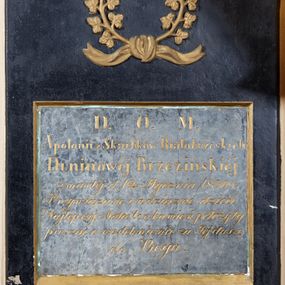 Zdjęcie nr 1: Epitafium w kształcie stojącego prostokąta. W polu kwadratowa płycina z rytą, złoconą inskrypcją „D(EO) O(PTIMO) M(AXIMO) / Apolonii z Skarbków Białobrzeskich / Duninowéj Brzezińskiéj / zmarłéj d(nia) 12. stycznia 1830r(oku) / Przywiązane i wdzięczne dzieci / Najlepszéj Matce ten kamień położyły / prosząc o westchnienie za Jéj duszę / do Boga.” Nad płyciną rzeźbiony, złocony wieniec z trójlistnych gałązek, przewiązany u dołu wstęgą. 

