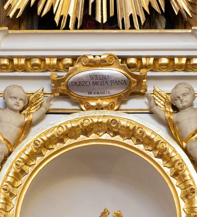 Zdjęcie nr 9: Ołtarz drewniany, prostopadłościenny, na jednostopniowej podstawie. Mensa drewniana z portatylem z marmuru dębnickiego z kwadratowym reservaculum na relikwie św. Konstancji i św. Teodora. Antepedium w formie leżącego  prostokąta ujętego grubą ramą, dekorowaną płaskorzeźbionym akantem. W polu, w centrum malowany na desce rollwerk z monogramem Marii w polu, ujęty wolutami utworzonymi z ornamentu roślinnego o wici zakończonej kampanulą. Tabernakulum w formie prostopadłościennej skrzynki o delikatnie wypukłej ściance frontowej. Całość zamknięta opasującym je z trzech stron gzymsem przyjmującym nad polem środkowym kształt łuku segmentowego podtrzymywanego przez dwie konsole utworzone z akantu. Drzwiczki w kształcie stojącego prostokąta zamkniętego łukiem półkolistym nadwieszonym, ujęte ramą. W polu ryte przedstawienie kielicha z hostią. Tabernakulum flankowane spływami wolutowymi utworzonymi z akantu. Nastawa ołtarzowa architektoniczna, jednoosiowa, jednokondygnacyjna ze zwieńczeniem, na niewielkim cokole. Kondygnacja ujęta parą kolumn o kapitelach kompozytowych dźwigających pełne belkowanie wyłamane na ich osi oraz przerwany półkolisty przyczółek. W polu środkowym nisza w formie stojącego prostokąta zamkniętego łukiem półkolistym, ujęta ramą z figurą Matki Boskiej z Dzieciątkiem. Zwieńczenie w formie medalionu z płaskorzeźbionym monogramem Marii w glorii promienistej. W przyłuczach niszy w polu środkowym para puttów podtrzymujących owalny kartusz z napisem w polu „WIELBIJ / DUSZO MOJA PANA / ŚW(IĘTY) ŁUKASZ I R(OZDZIAŁ)”. Kondygnacja flankowana uszami utworzonymi z suchego akantu. Gzyms oraz przerwany przyczółek dekorowane kimationem. Struktura polichromowana w kolorze białym, ornamentyka, profile i kolumny złocone.
