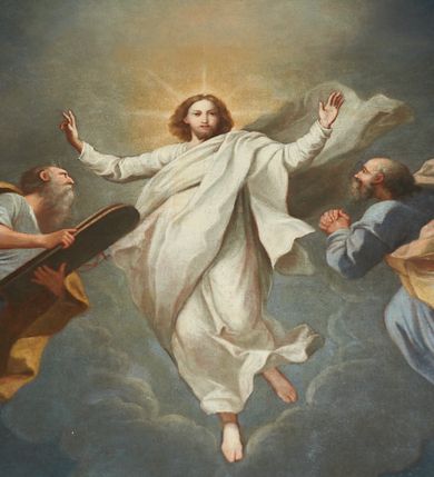 Zdjęcie nr 6: Obraz w kształcie stojącego prostokąta, częściowo zasłoniętego wklęsłą ćwierćkoliście ramą oprawy nastawy ołtarzowej. Na tle szarych chmur i niebieskiego nieba ukazano unoszącego się Chrystusa w towarzystwie Mojżesza i Eliasza oraz grupę trzech apostołów na ziemi – Piotra, Jana i Jakuba. Chrystus ukazany w białych rozwianych szatach, z młodzieńczą twarzą, z rękoma szeroko rozłożonymi. Po jego prawej stronie Mojżesz w niebieskiej sukni i żółtym płaszczu trzyma w rękach tablicę Dekalogu, po lewej zaś Eliasz ubrany w niebieską suknię i biało-żółty rozwiany płaszcz zwraca się do Chrystusa z rękoma złożonymi w geście modlitwy. Oślepieni blaskiem unoszącego się nad nimi Jezusa apostołowie, ubrani w rozłożyste, bogato drapowane i różnokolorowe szaty, żywo reagują na nadprzyrodzone wydarzenie. Leżący na ziemi Piotr, ukazany w silnym skrócie perspektywicznym, spogląda ku górze, zasłaniając oczy ręką. Światło oślepia również siedzącego obok Jana. Z kolei Jakub klęczący, nieco w głębi, ukrywa twarz w dłoniach. Tło obrazu neutralne. 