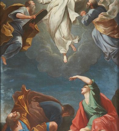 Zdjęcie nr 5: Obraz w kształcie stojącego prostokąta, częściowo zasłoniętego wklęsłą ćwierćkoliście ramą oprawy nastawy ołtarzowej. Na tle szarych chmur i niebieskiego nieba ukazano unoszącego się Chrystusa w towarzystwie Mojżesza i Eliasza oraz grupę trzech apostołów na ziemi – Piotra, Jana i Jakuba. Chrystus ukazany w białych rozwianych szatach, z młodzieńczą twarzą, z rękoma szeroko rozłożonymi. Po jego prawej stronie Mojżesz w niebieskiej sukni i żółtym płaszczu trzyma w rękach tablicę Dekalogu, po lewej zaś Eliasz ubrany w niebieską suknię i biało-żółty rozwiany płaszcz zwraca się do Chrystusa z rękoma złożonymi w geście modlitwy. Oślepieni blaskiem unoszącego się nad nimi Jezusa apostołowie, ubrani w rozłożyste, bogato drapowane i różnokolorowe szaty, żywo reagują na nadprzyrodzone wydarzenie. Leżący na ziemi Piotr, ukazany w silnym skrócie perspektywicznym, spogląda ku górze, zasłaniając oczy ręką. Światło oślepia również siedzącego obok Jana. Z kolei Jakub klęczący, nieco w głębi, ukrywa twarz w dłoniach. Tło obrazu neutralne. 