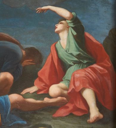 Zdjęcie nr 12: Obraz w kształcie stojącego prostokąta, częściowo zasłoniętego wklęsłą ćwierćkoliście ramą oprawy nastawy ołtarzowej. Na tle szarych chmur i niebieskiego nieba ukazano unoszącego się Chrystusa w towarzystwie Mojżesza i Eliasza oraz grupę trzech apostołów na ziemi – Piotra, Jana i Jakuba. Chrystus ukazany w białych rozwianych szatach, z młodzieńczą twarzą, z rękoma szeroko rozłożonymi. Po jego prawej stronie Mojżesz w niebieskiej sukni i żółtym płaszczu trzyma w rękach tablicę Dekalogu, po lewej zaś Eliasz ubrany w niebieską suknię i biało-żółty rozwiany płaszcz zwraca się do Chrystusa z rękoma złożonymi w geście modlitwy. Oślepieni blaskiem unoszącego się nad nimi Jezusa apostołowie, ubrani w rozłożyste, bogato drapowane i różnokolorowe szaty, żywo reagują na nadprzyrodzone wydarzenie. Leżący na ziemi Piotr, ukazany w silnym skrócie perspektywicznym, spogląda ku górze, zasłaniając oczy ręką. Światło oślepia również siedzącego obok Jana. Z kolei Jakub klęczący, nieco w głębi, ukrywa twarz w dłoniach. Tło obrazu neutralne. 