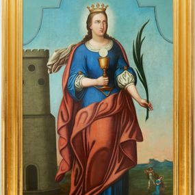 Zdjęcie nr 1: Obraz w kształcie stojącego prostokąta, ujęty w szeroką, profilowaną i pozłacaną ramę. Kompozycja zamknięta łukiem wklęsło-wypukłym z uskokami, powyżej domalowane błękitne niebo do prostokątnej ramy obrazu. Pośrodku na tle pejzażu z błękitnym niebem przedstawiona jest św. Barbara zwrócona trzy czwarte w lewo, w pozycji stojącej, z kielichem z hostią w prawej dłoni i palmą męczeństwa w lewej, stojąca na leżącym na ziemi mieczu. Twarz owalna z długim nosem, małymi ustami i wzrokiem skierowanym ku niebu; długie włosy są rozpuszczone na plecy, z lewej strony obrazu jest rozwiany jej biały welon. Święta jest ubrana w długą, niebieską suknię z białymi angażantami. Na plecy ma założony czerwony płaszcz, który lewą połą zasłania jej nogi. Na głowie ma założoną otwartą koronę, a wokół niej świetlisty nimb. Po lewej stronie obrazu wysoka wieża z trzema kolistymi oknami i półkoliście zamkniętym wejściem. Po prawej stronie obrazu scena męczeńskiej śmierci św. Barbary, ukazująca jej ścięcie. Według dokumentacji konserwatorskiej na odwrociu znajduje się napis: „Malował Seb[astian] Wincenty Stolarski w Myślenicach 1880[?] Dnia 16/3”.  
