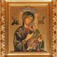 Zdjęcie nr 1: Obraz w kształcie stojącego prostokąta z przedstawieniem Matki Boskiej Nieustającej Pomocy. Maria ukazana w półpostaci, frontalnie z Dzieciątkiem Jezus na lewym ręku. Dzieciątko widoczne z prawego profilu, z głową odwróconą do tyłu, oburącz ujmuje dłoń Marii. Owalne twarze postaci charakteryzują linearnie opracowane rysy, z długimi i wąskimi nosami oraz drobnymi ustami. Oczy Marii mają migdałowy kształt, jej wzrok skierowany jest na wprost. Matka Boska ubrana jest w czerwoną suknię z długimi rękawami ze złotymi obszyciami oraz ciemnoniebieski płaszcz nałożony na głowę. Dzieciątko ubrane jest w zieloną sukienkę i brązowy płaszcz, z jego prawej stopy zsuwa się sandał. Jezus odwracając głowę, spogląda w kierunku niewielkiej sylwetki jednego z dwóch archaniołów znajdującego się po prawej stronie obrazu – archanioła Gabriela. Po drugiej stronie jest archanioł Michał, obaj trzymają w dłoniach narzędzia męki Pańskiej: Michał – włócznię i gąbkę z octem, Gabriel – krzyż. Na głowach Marii i Dzieciątka znajdują się blaszane, ażurowe korony z aplikowanymi sztucznymi kamieniami, a wokół głów są ryte nimby: Matki Boskiej dekorowany wicią floralną utworzoną z białych paciorków, u Dzieciątka nimb kolisty z wpisanym krzyżem w polu. Wszystkie postacie są podpisane inicjałami: nad głową Marii, po lewej stronie obrazu widnieją litery „MP”, a po prawej „ΘΥ”; następnie po lewej stronie obrazu, nad głową archanioła Michała znajdują się litery:„ΟΡМ”, a nad głową archanioła Gabriela: „OΡГ” i dalej, po prawej stronie obrazu, obok Dzieciątka Jezus litery: „IC-XC”. Tło jest złocone. Obraz ujęty jest prostokątną, profilowaną ramą zdobioną od zewnątrz rzeźbionym astragalem. Według informacji zawartych w inwentarzu kościelnym na odwrociu znajduje się przyklejona kartka z tekstem: „PATRITUS MURRAY CONGREGACJON SANCTISSIMI REDEMPTORIS SUPERIOR GENERALISET RECTOR MAJOR. Fidem facimus atque testamur, hanc Imaginem B.V. Marie fideliter expressam esse ex ipsomet veteri miraculis claro Archetypo sub titulo de Perpetuo Succursu, olim in Ecclesia Marthaei in Merulanade Urbe, nunc in alia S. Alphonsi M. de Ligorio in Exquiliris venerato, et a Rmo Capitulo Vaticano corona aurea insignito. In quorum fidem. Rome, ex Collegio nostro ad s.s. Redemptorem et honorem s. Alphonsi die 2 mensis Maii anni 1931. Num. 5387” oraz podpis: „Pio Puru P. Susp. Gen.P. Zezd. j. Lutz C. SS. R.”

