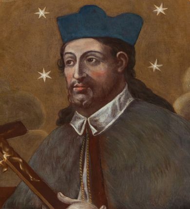 Zdjęcie nr 1: Obraz w kształcie trapezu o wklęsłych ramionach i dolnych narożach, zamknięty łukiem nadwieszonym, ujęty profilowaną, złoconą ramą. Święty ukazany w półpostaci, w trzech czwartych zwrócony prawo z dłońmi skrzyżowanymi na wysokości pasa, w których trzyma krucyfiks. Twarz pociągła o wyrazistych rysach, z krótkim, brązowym zarostem. Włosy długie, falowane, ciemnobrązowe, opadające na plecy i prawe ramię. Święty ubrany jest w albę i almucję, na głowie ma ciemnoniebieski biret. Ręce złożone na piersiach, w lewej dłoni krucyfiks. Po prawej stronie świętego widoczny jest fragment pulpitu. W tle obłoki, wokół głowy pięć gwiazd. Kolorystyka stonowana.  
