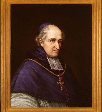 Zdjęcie nr 1: Obraz w kształcie stojącego prostokąta, w drewnianej, profilowanej ramie. Biskup ukazany na ciemnym, nieokreślonym tle, do pasa, w trzech czwartych, zwrócony w lewo. Jego twarz jest silnie oświetlona, nos smukły, z lekkim garbkiem, oczy otwarte, usta zaciśnięte, włosy jasne, lekko kręcone, odsłaniające wysokie czoło. Jest ubrany w białą albę, fioletowy mucet z białym kołnierzem i piuskę na głowie. Na piersi wisi na złotym sznurze krzyż pektoralny. 
