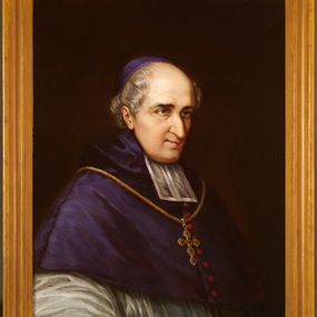 Zdjęcie nr 1: Obraz w kształcie stojącego prostokąta, w drewnianej, profilowanej ramie. Biskup ukazany na ciemnym, nieokreślonym tle, do pasa, w trzech czwartych, zwrócony w lewo. Jego twarz jest silnie oświetlona, nos smukły, z lekkim garbkiem, oczy otwarte, usta zaciśnięte, włosy jasne, lekko kręcone, odsłaniające wysokie czoło. Jest ubrany w białą albę, fioletowy mucet z białym kołnierzem i piuskę na głowie. Na piersi wisi na złotym sznurze krzyż pektoralny. 
