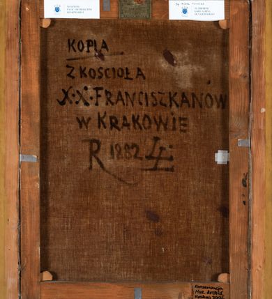 Zdjęcie nr 4: Biskup ukazany do pasa, w trzech czwartych, zwrócony w lewo. Jest ubrany w ciemny mucet z białym kołnierzem. WS prawym górnym narożu tarcza z godłem herbu Lubicz, z mitrą, infułą, mieczem, pastorałem i kapeluszem. Obok niej litery:
P(ETRUS) T(YLICKI) / E(PISCOPUS) C(RACOVIENSIS) i data 1608-1616”. Na odwrociu napis: „KOPIA / Z KOŚCIOŁA / X.X. FRANCISZKANÓW / W KRAKOWIE / R 1882 L. L.”. 