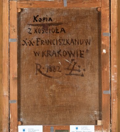 Zdjęcie nr 4: Biskup ukazany niemal frontalnie, z prawą ręką w geście błogosławieństwa, ubrany w czerwony płaszcz podbity futrem i czerwony biret na głowie. W prawym dolny rogu tarcza z godłem herbu Ciołek z mitrą, infułą, mieczem, pastorałem i kapeluszem. Obok litery „B(ERNARDUS) M(ACIEJOWSKI) / E(PISCOPUS) C(RACOVIENSIS) i data1600-1608”. Na odwrociu napis: „KOPIA / Z KOŚCIOŁA / X.X. FRANCISZKANÓW / W KRAKOWIE / R. 1882 L. L.”. 