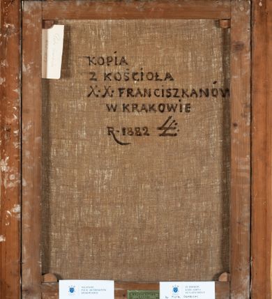 Zdjęcie nr 4: Biskup ukazany do pasa, w trzech czwartych, zwrócony w prawo. Ubrany jest w białą albę i niebieski mucet. W lewym, górnym narożu owalna tarcza w labrach, z infułą i pastorałem z godłem herbu Nałęcz. Obok niej litery P[ETRUS]  G[EMBICKI] i data1642-1657”. Na odwrociu napis: „KOPIA / Z KOŚCIOŁA / X.X. FRANCISZKANÓW / W KRAKOWIE / R. 1882 / L.L.”. 